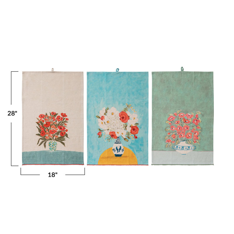 Cotton & Linen Printed Tea Towel Set With Flowers & Pom Pom Trim