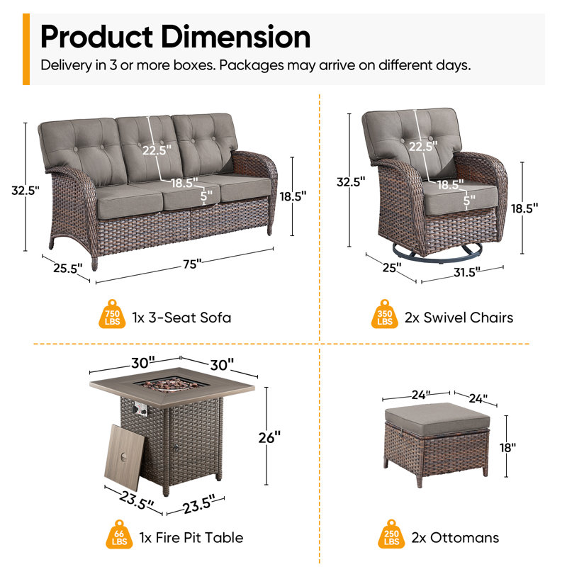 Ensemble de conversation pour patio en osier de 6 pièces avec table carrée et chaises pivotantes Fiorillo, Gris
