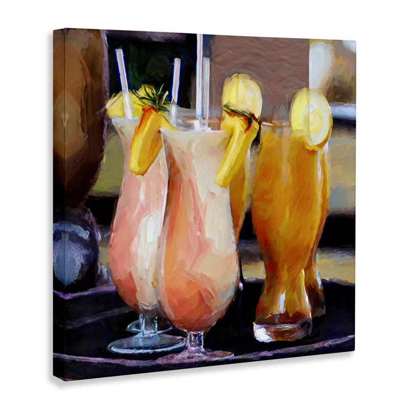 Art tropical sur toile, "Tropical cocktails" sur plateau par Mary Lou Johnson, H 24 po x l 24 po