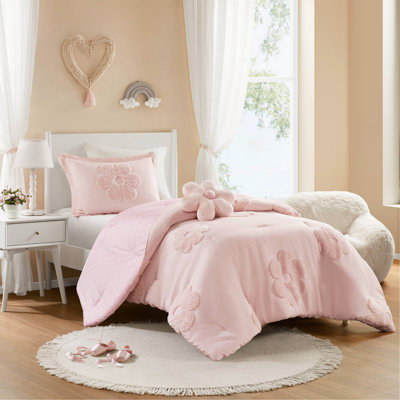3-Piece Twin Pink Chenille Comforter Set, Reversible Tufted Floral Bedding with Flower Pillow