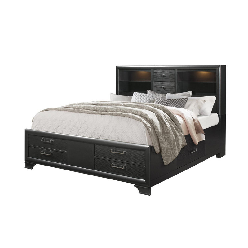 Solid Wood Eight Drawers Bed, Black, Queen
