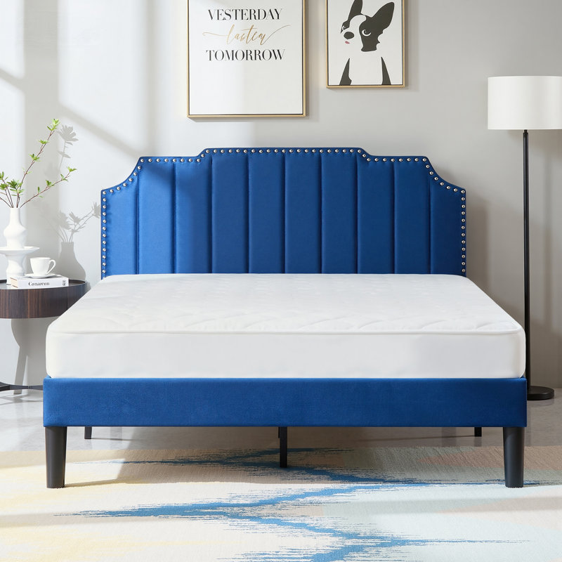 Full size Bed with Adjustable Tufted Headboard, Platform Bed, Mattress foundation, No Box Spring Needed, Full / Double, Blue