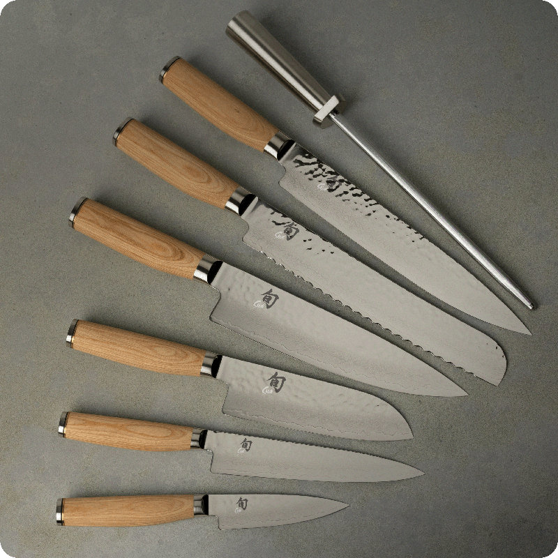 Shun Premier Blonde 8 Piece Professional Block Set, Includes 8" Chef, 4" Paring, 6.5" Utility, 9" Bread, 5.5” Santoku & 9.5” Slicing Knives, Handcrafted Japanese Knife Set, Pakkawood Handles