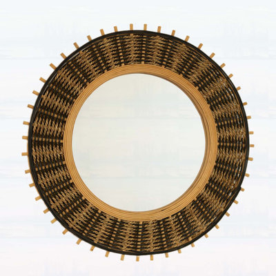 Miroir mural rond 23 po en bambou avec cordes en chanvre jaune clair et noir