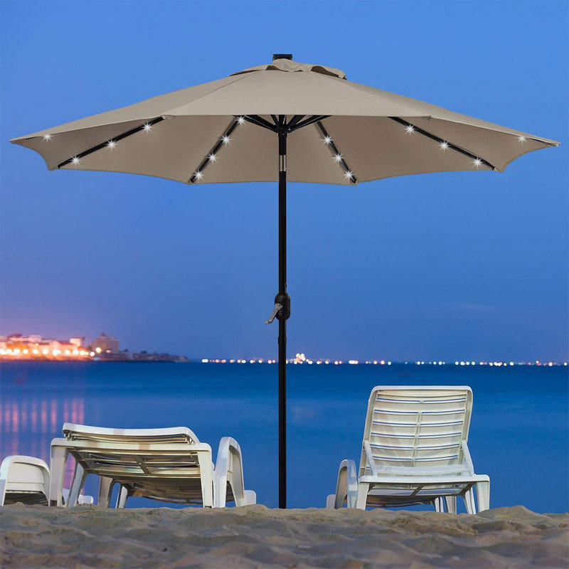 9FT Solar Powered Patio Umbrella with 32 LED Lights & Push Button Tilt & Crank Lift System for Garden/Lawn/Deck,Tan