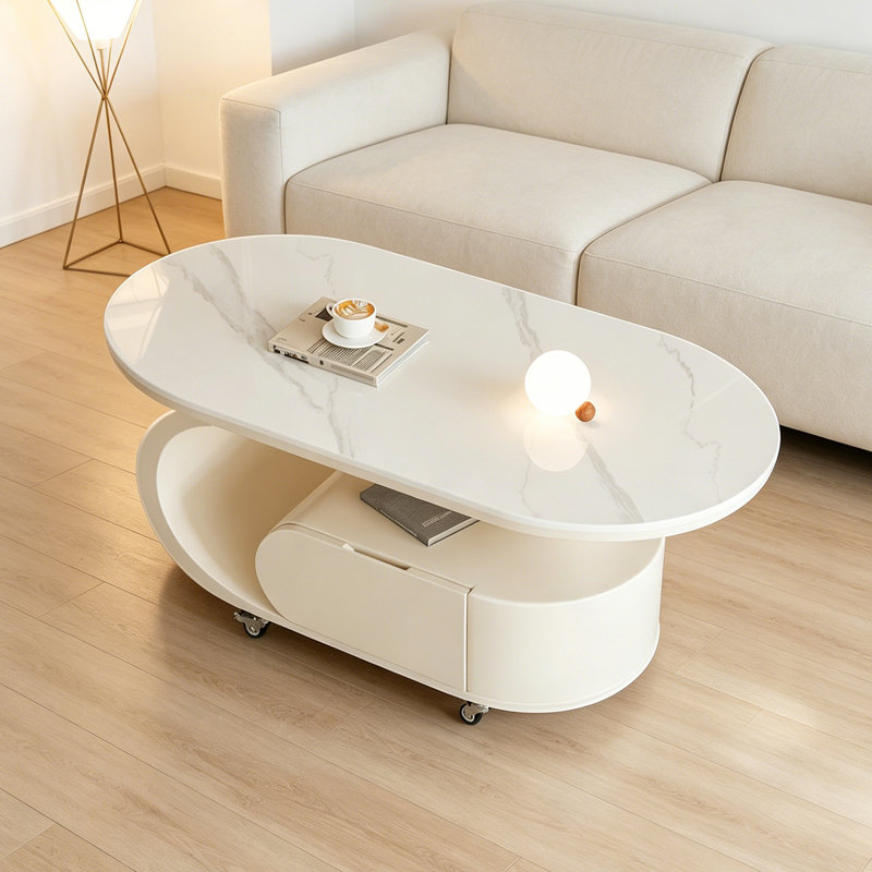 Table basse moderne de style crème, H 17,71 po x L 35,43 po x l 17,71 po, Plateau blanc / base crème