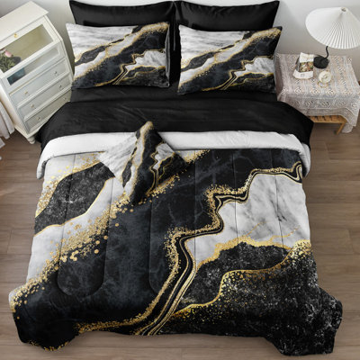 Black White Marble Comforter Set King Size 8 Pieces Bed in a Bag Gold Metallic Marble Design Bedding with 1 Comforter, 4 Pillowcases, 1 Flat Sheet, 1 Fitted Sheet, 1 Cushion Cover