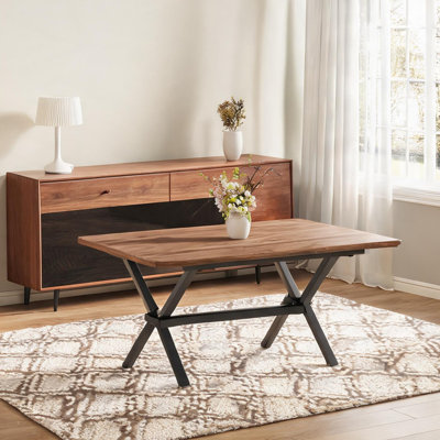 Rectangle Dining Table for 6-8 People, 71 x 35.4 Inch Walnut MDF Steel Industrial Design with X-Shape Frame, Classic Black Brown