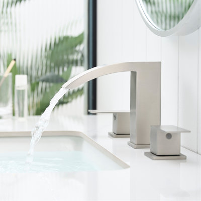 Brushed Nickel 3 Hole 8 Inch Widespread Bathroom Faucet With Handles, Manual Operation 2 - Handle Basin Geometric Shape, Cartridge Valve