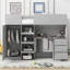 Lit mezzanine double en bois avec garde-robe intégrée, bureau, tablettes et tiroirs de rangement, gris