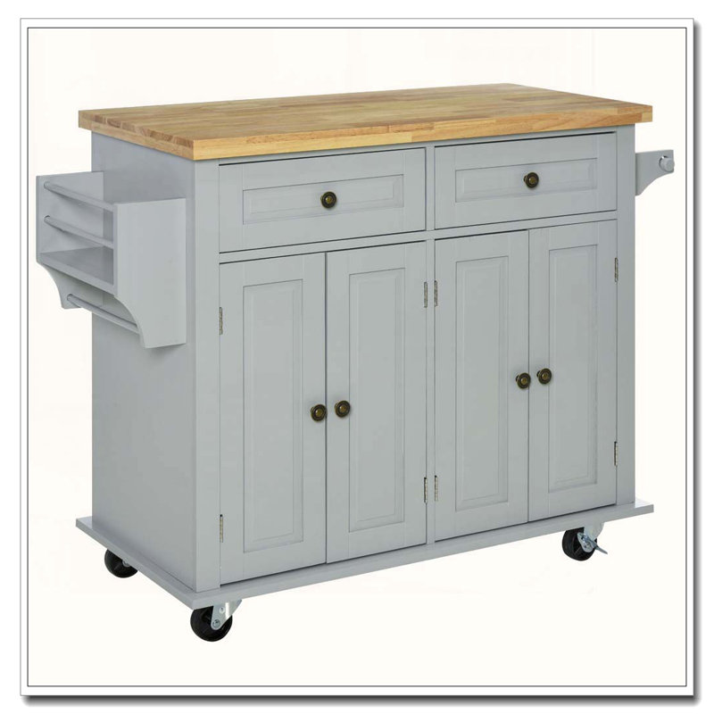 Kitchen Island on Wheels with Rubberwood Top, Gray
