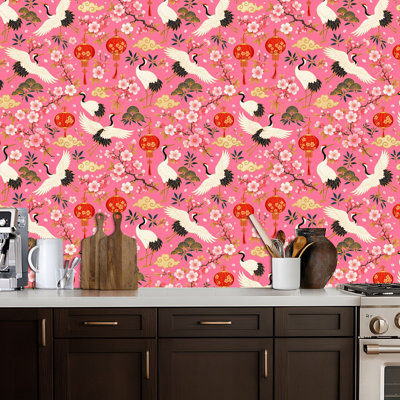 Papier peint auto-adhésif amovible à motif de papier peint à motif de grues florales roses à motif de peler et coller pour armoires de cuisine de chambre à coucher 17,7 po x 118 po