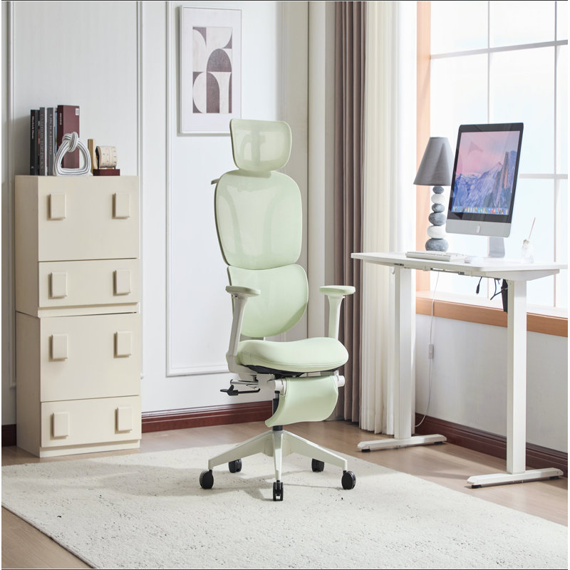 Fauteuil de bureau ergonomique avec repose-pieds, chaise de bureau d'ordinateur à haut dossier avec support lombaire dynamique, appui-tête en 2 dimensions, accoudoir 4D, siège en éponge, chaise de bureau en filet pour adultes, vert.