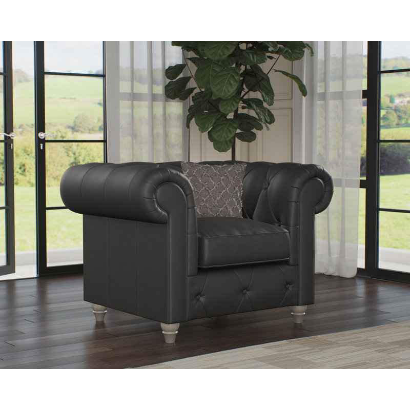 Melrose 115Cm Wide Tufted Genuine Leather Armchair, Washed Oak, Raven