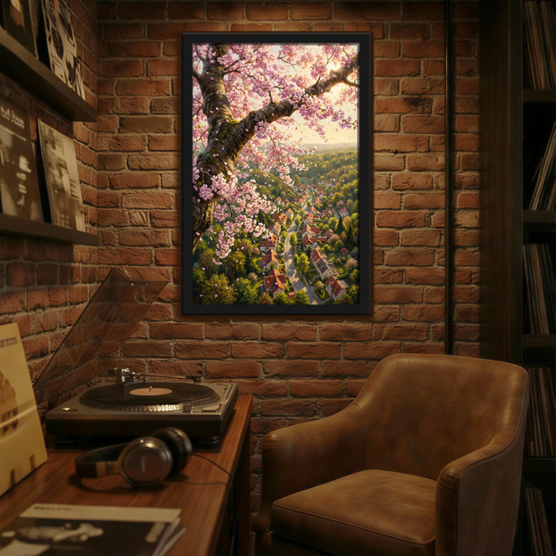 Plants & Flowers Cherry Blossom Tree Over Village View, 18" H x 12" W