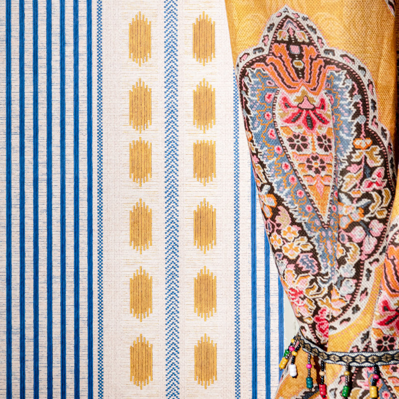 Tales Of Maghreb Striped Wallpaper Roll, Blue/Taupe/Yellow
