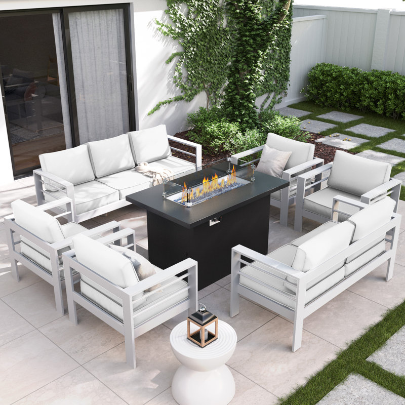 9 - Person Patio Conversation Set with Cushions, Light Gray, White