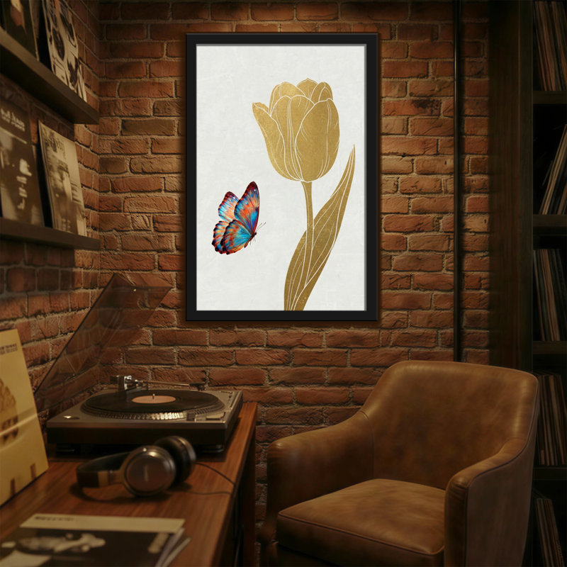 Plantes et fleurs, tulipe dorée et papillon coloré, H 18 po x l 12 po