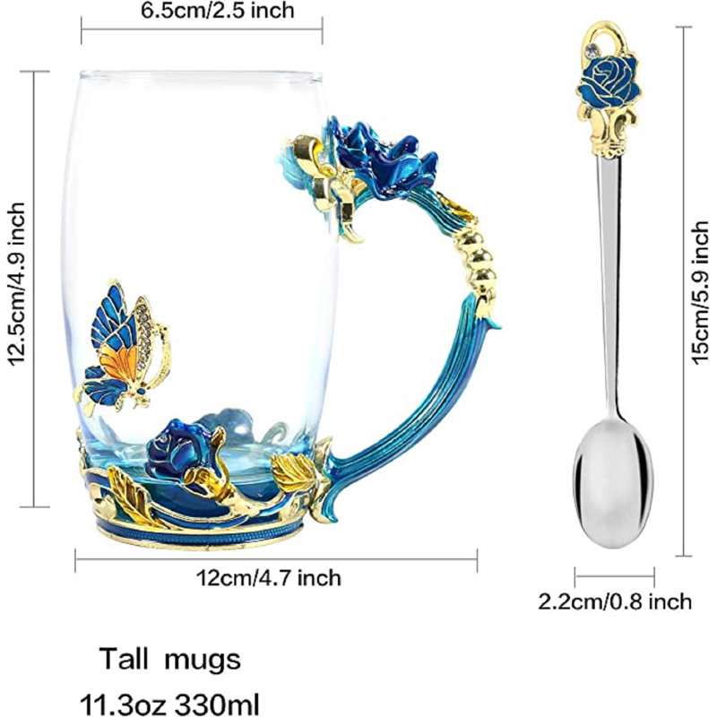 Tasse à café tasse à thé avec cuillère en émail fait à la main fleur pour femme (paquet de 2), Bleu / Transparent