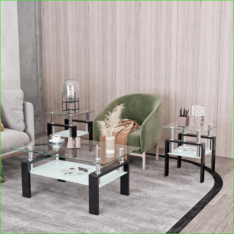 Ensemble de tables basses 2 pièces en verre trempé pour le salon - transparent / noir, peu encombrant Robuste