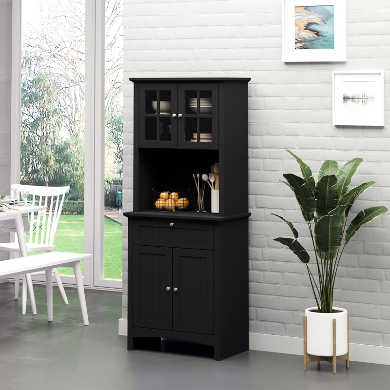 Rangement pour garde-manger noir avec tiroir d'armoire de cuisine et espace pour micro-ondes, tablettes réglables pour une organisation efficace, tiroir à buffet élégant, pots de rangement