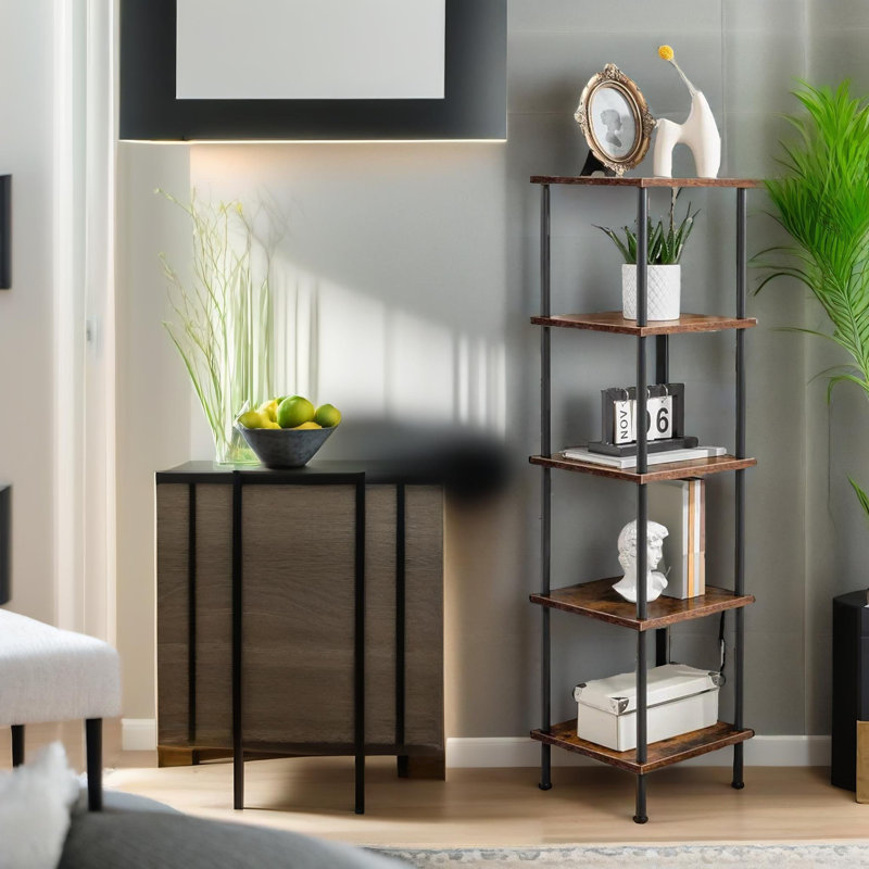 Aniwa 5 Tier Wooden Corner Bookcase Tall Bookshelf Storage Shelves Rustic Industrial Living Room