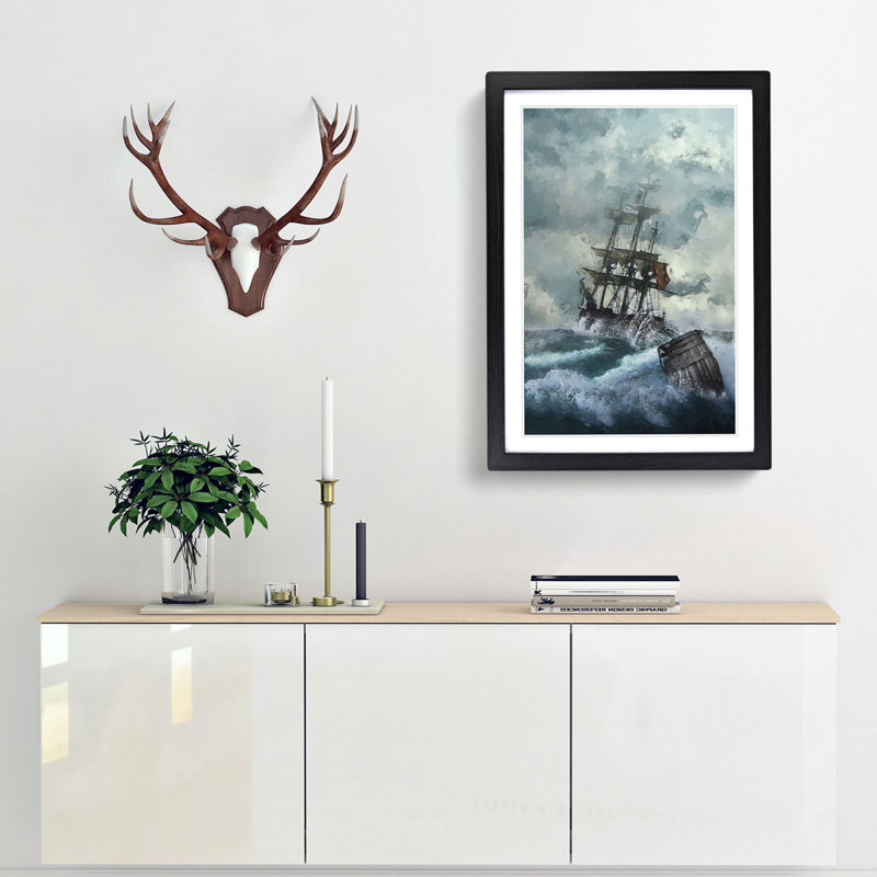 Pirate Ship upon a Stormy Sea - Picture Frame Graphic Art Print, 91cm H x 60cm W x 2cm D, Black