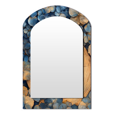 Aqua hydrangea fleurs sur glissoire en bois I - Grand miroir mural arqué sur métal