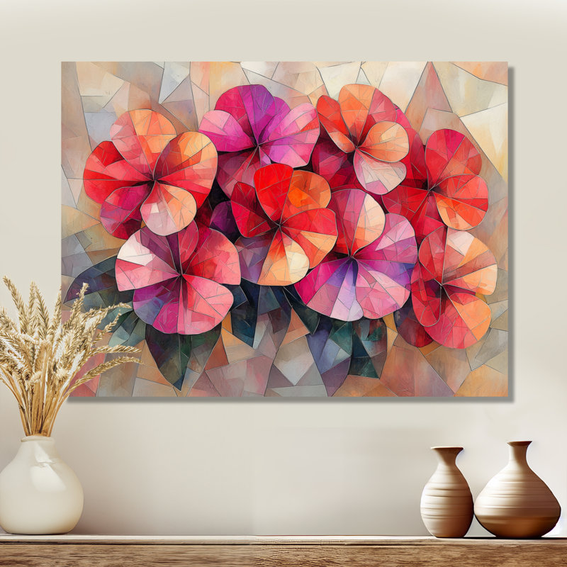 «Geanium Geranium Blossoms Cubist - Geraniums», art mural en métal traditionnel, H 30 po x l 40 po