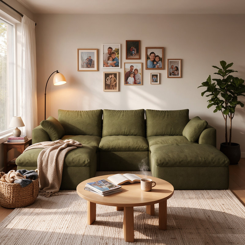 Canapé 3 places en lin vert avec 2 poufs, ensemble de canapés modulaires rembourrés