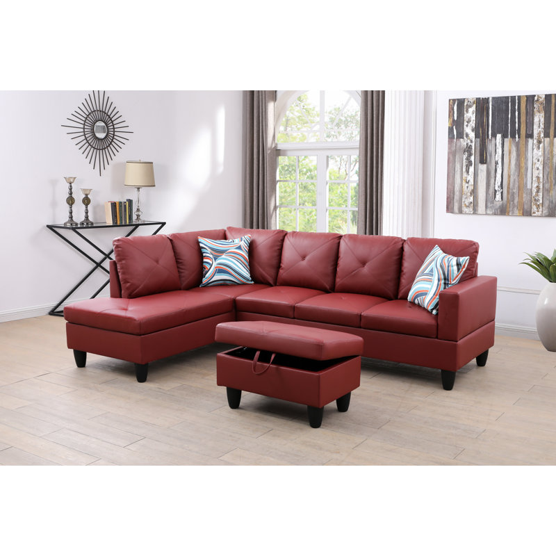 Faux Leather L-Shaped Sectional Left Hand Facing, Red Faux Leather, Left Hand Facing