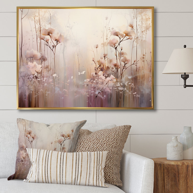 «Beige Ethereal Forest III - Abstract Botanicals», art mural, H 16 po x l 32 po x P 1 po, Cadre flottant doré