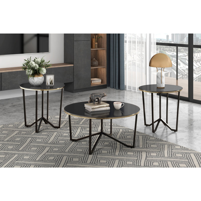 Table basse ronde et tables de bout, ensemble de 3 pièces, plateau en verre trempé noir, cadre en métal, meubles de salon modernes