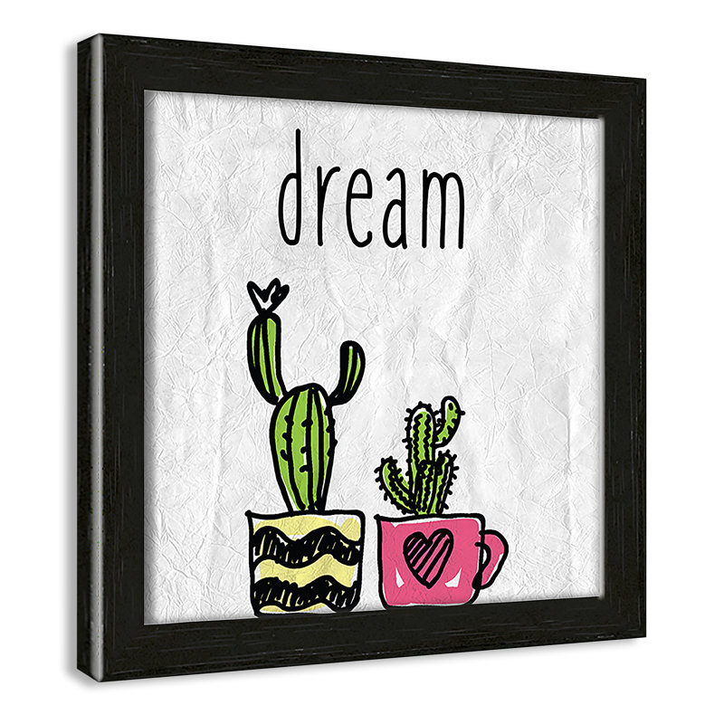 «Cacti A», art encadré, 8" H x 8" W x 1.18" D, Cadre boîte à grain de bois noir