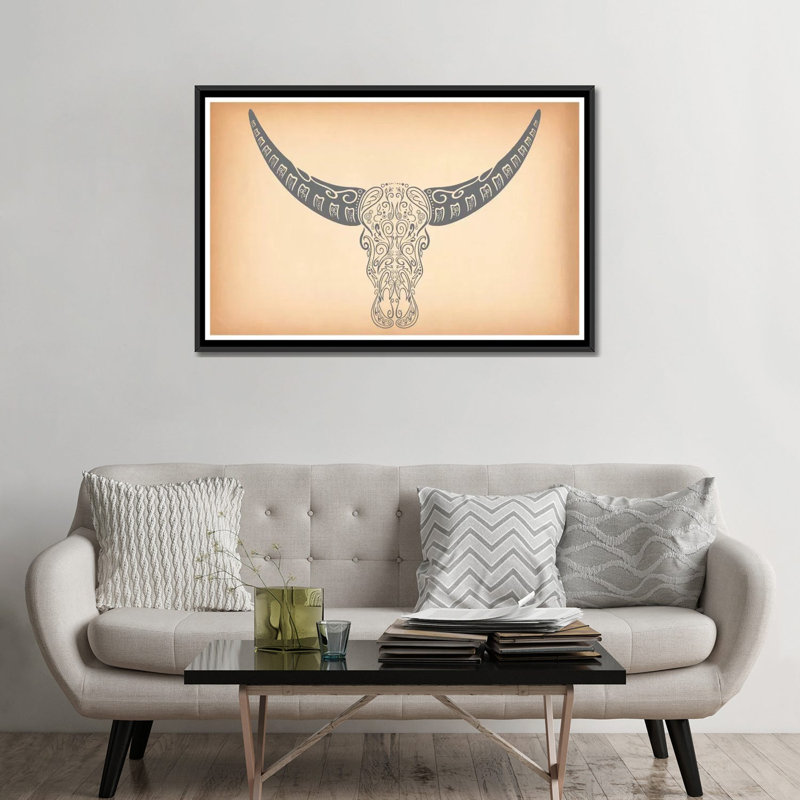«Longhorn Sugar Skull», impression sur toile, Toile encadrée noire, Pas de tapis, H 32 po x l 48 po x P 1,5 po