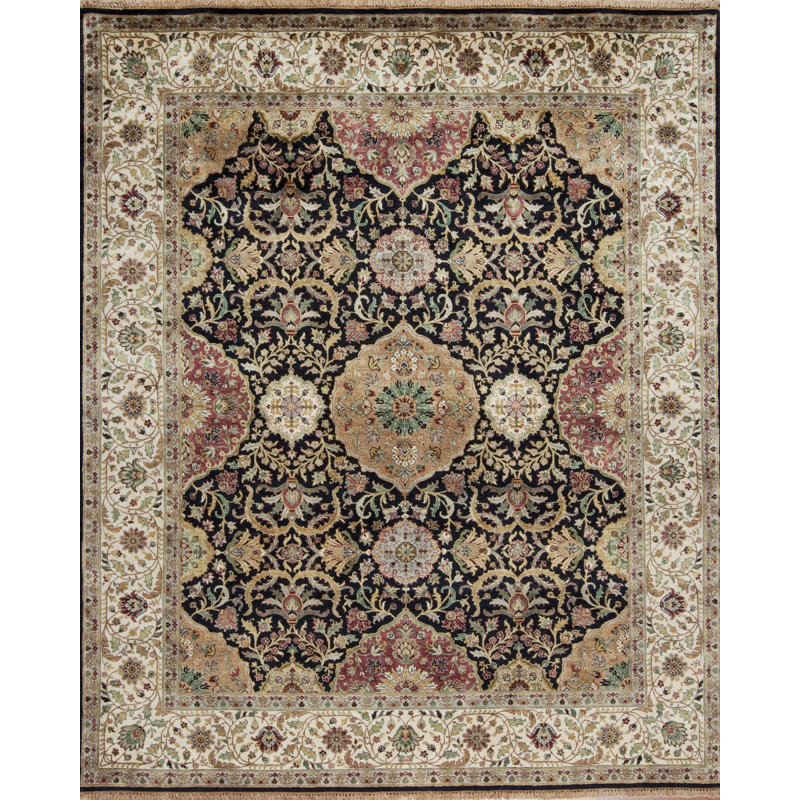 Silver Screen Hand Knotted Wool Area Rug in Black/Cream, Rectangle 8' x 10'