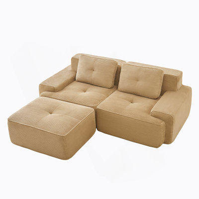 82 Inch Modern L-Shaped Modular Sectional Sofa With Corduroy Fabric, Deep Seat, Movable Ottoman, Pearl-Like Piping, Tufted Design, No Assembly, Anti-Slip Design, Camel