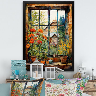 «Brown Farmhouse Window Blooms In Summer I», art mural fenêtres de ferme