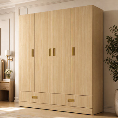 Armoire 4 portes 2 tiroirs H 66,9 po x l 63 po x P 18,1 po avec finition grain de bois et poignées dorées