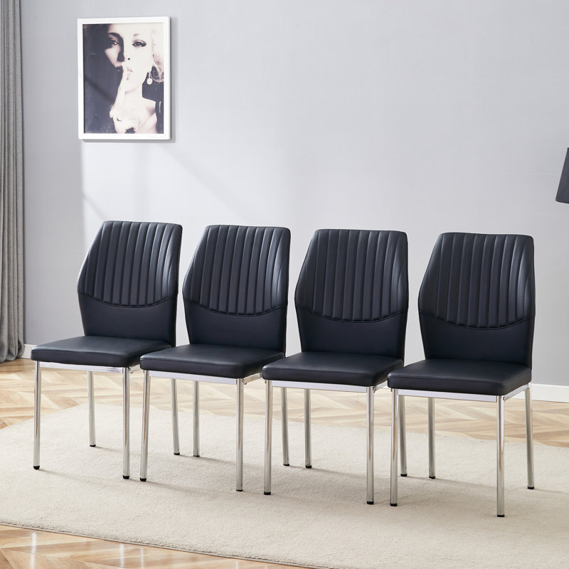  Chaises de salle à manger en polyuréthane avec pieds en métal argenté, dossier à rayures verticales, ensemble de 4 coussins à haute résilience, noir et argent