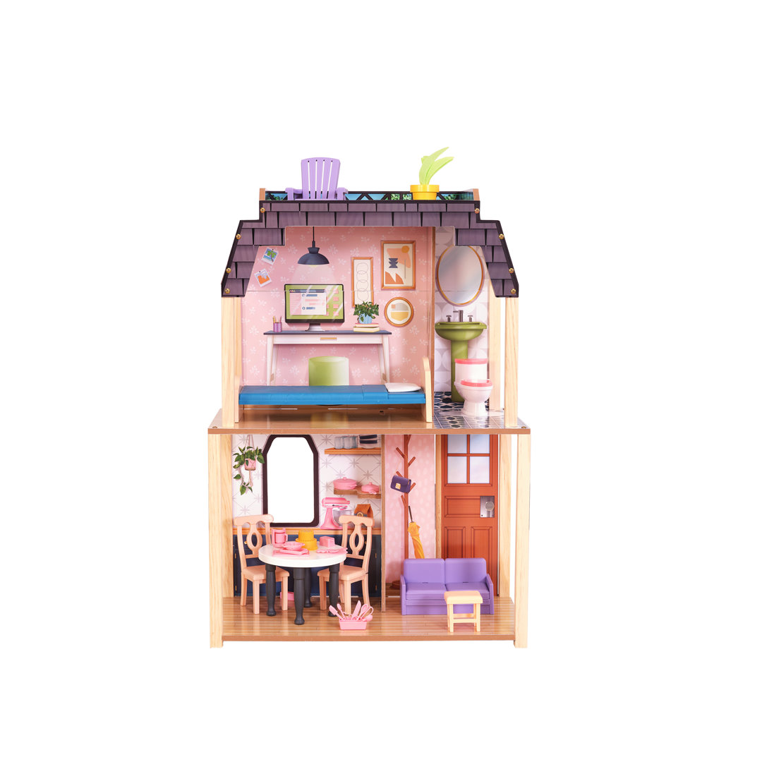Bella View Wooden Dollhouse with Rooftop Deck and 31 Accessories KidKraft