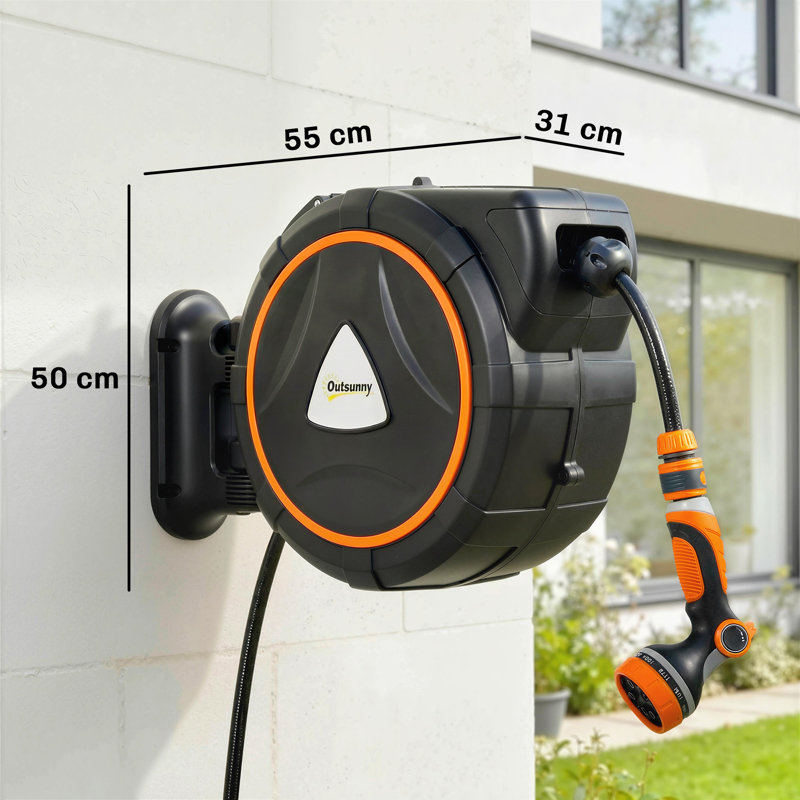 Outsunny Retractable Hose Reel Wall Mounted Auto Retraction 28+2m Orange