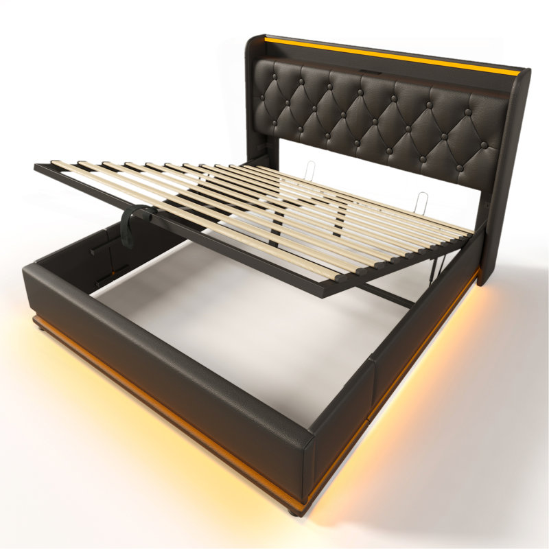 Grand lit tapissier, fonction DEL à 360 degrés, boutons / applications / télécommande, lit de rangement hydraulique avec chargement USB de type C, noir, unité centrale (sans matelas)