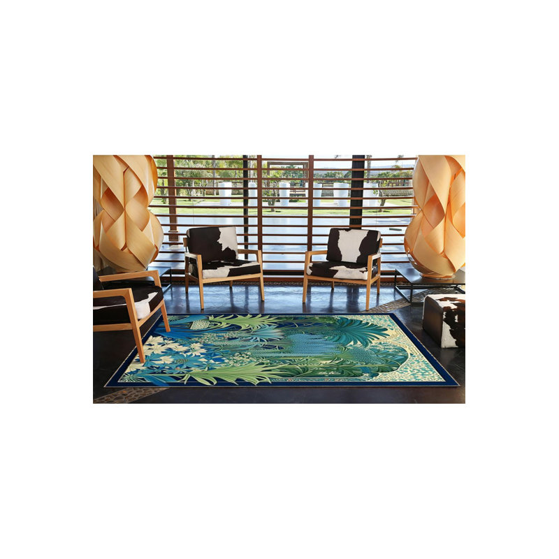 Tapis décoratif bleu à motif géométrique et animal lavable à la machine, Rectangle 5 pi 1 po x 7 pi 7 po