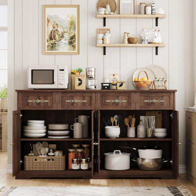 63" Farmhouse Storage Cabinet with 4 Drawers & 4 Doors, Buffet Sideboard with Gold Handles, Entryway Console Table