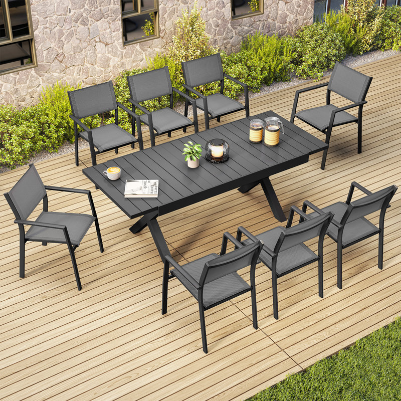 Ensemble de salle à manger extensible 9 pièces pour patio, table et chaises empilables en aluminium antirouille pour 8 personnes, idéal pour terrasse, jardin ou intérieur. Couleur : noir.