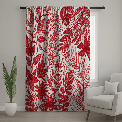 Red Botanical Illustrations Window Curtains, Floral Sheer & Blockout Curtains - 1 Panel