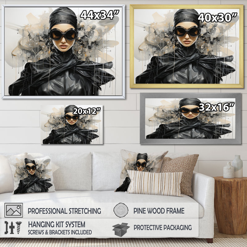 Art mural noir et gris mode futuriste III - Dior, Cadre d'angle fermé doré, L 16 po x H 32 po x P 1 po