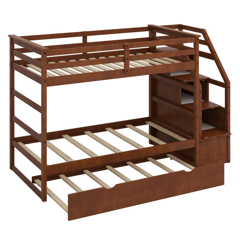 Iftekar Kids Bunk Bed with Trundle, Walnut, Twin Over Twin