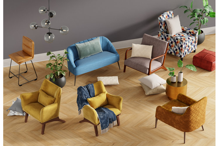 room with an array of chairs including a blue loveseat, patterned accent chairs, leather bar stool, yellow velvet arm chairs, and plenty of throw pillows on the chairs and on the floor